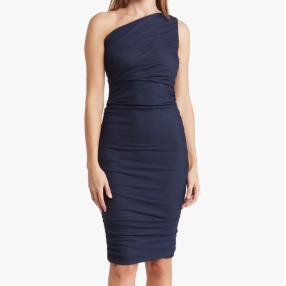 Navy Blue One-Shoulder Body-Con Midi Dress - Size M